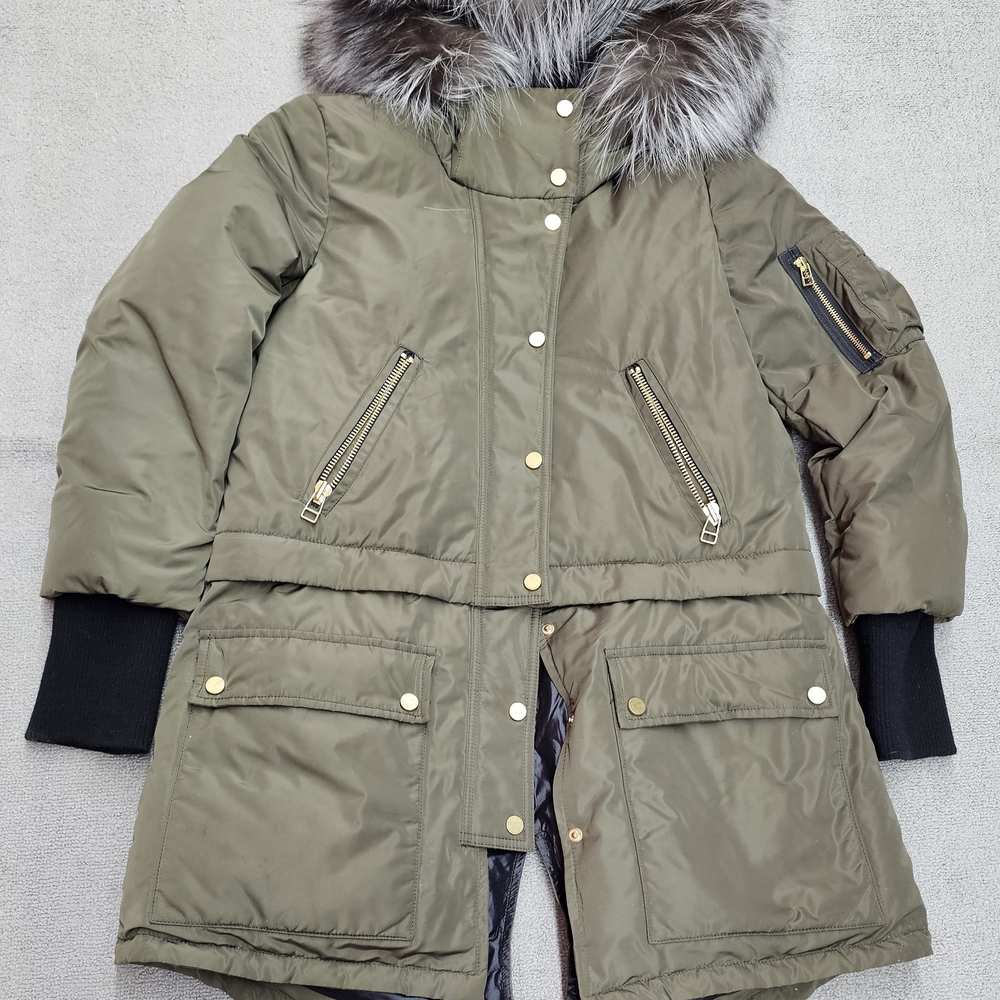 Veronica Beard Womens East End Convertible Down Coat  Parka M Green fox fur Hood